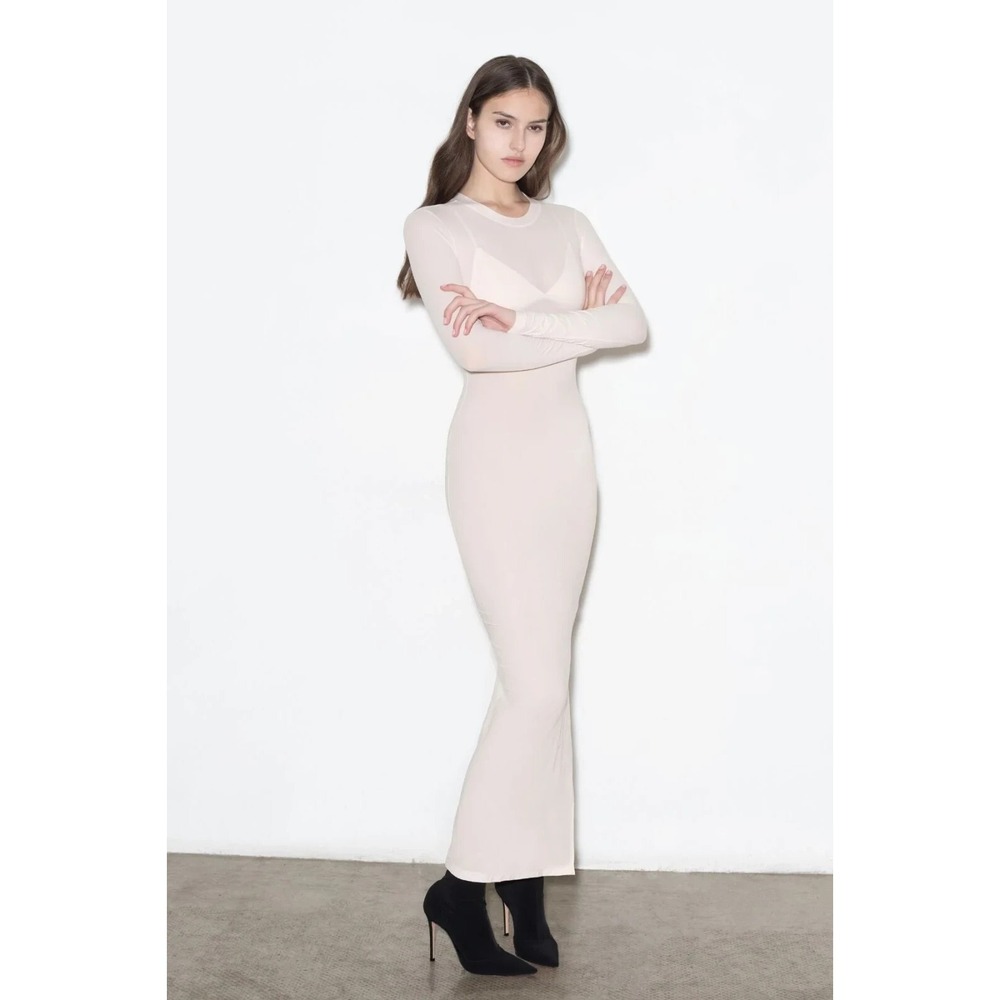 CHAM Long Bodycon Semi Sheer Long Sleeve Dress In Baby Beige Women's Size XS/S